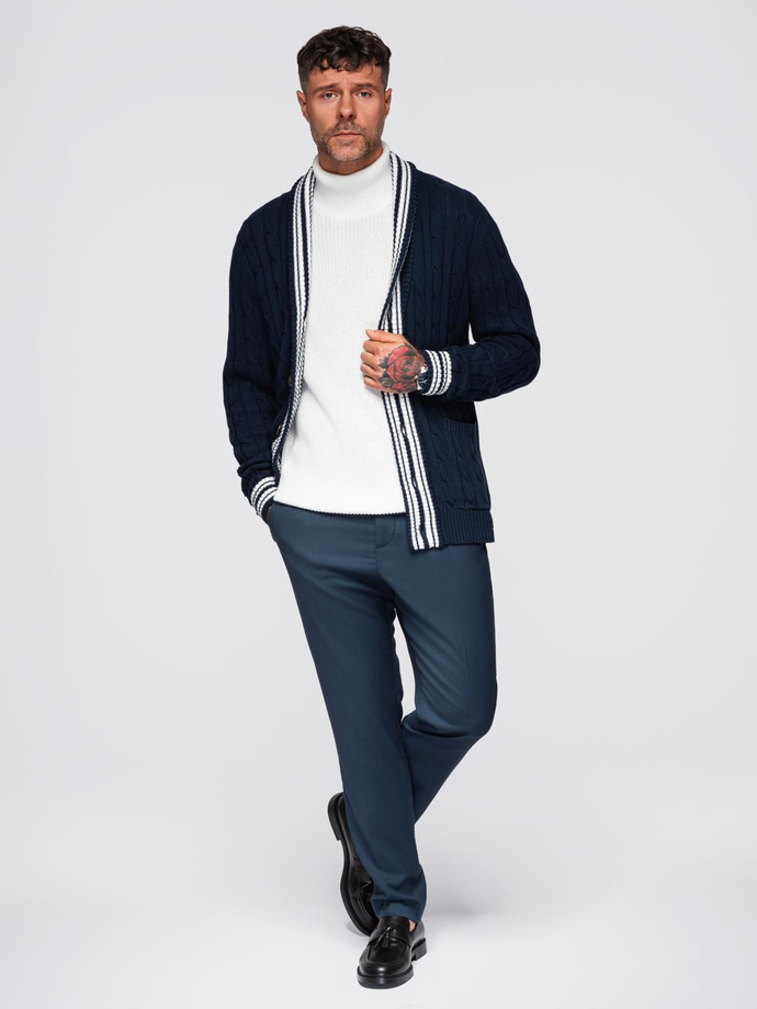 Men's cardigan sweater with shawl collar in preppy style - navy blue V4 OM-SWCD-0152
