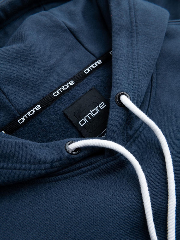 Men's kangaroo sweatshirt with hood and college style patch - navy blue V2 OM-SSNZ-0144