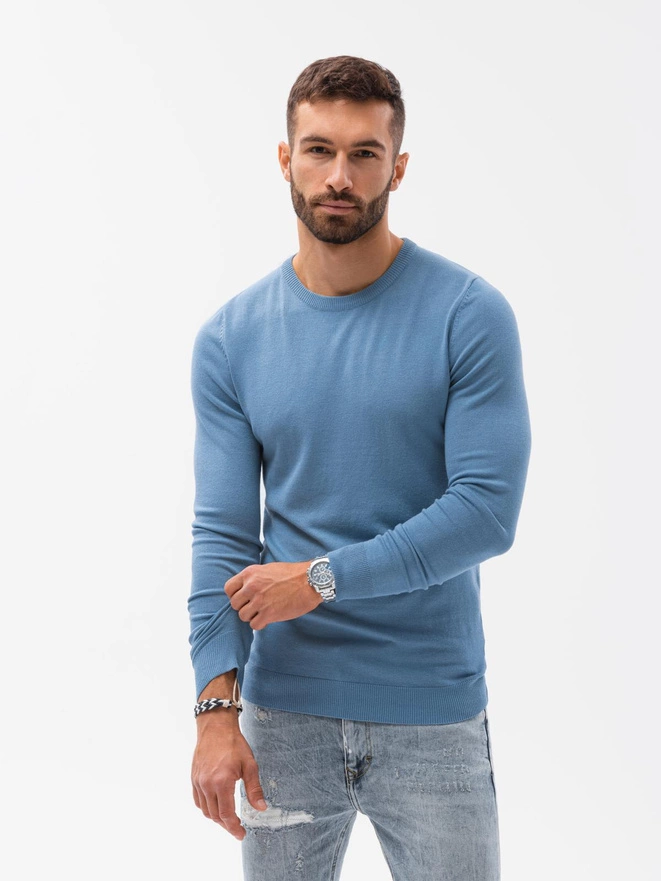 Classic men's sweater with round neckline - light blue V10 OM-SWBS-0106