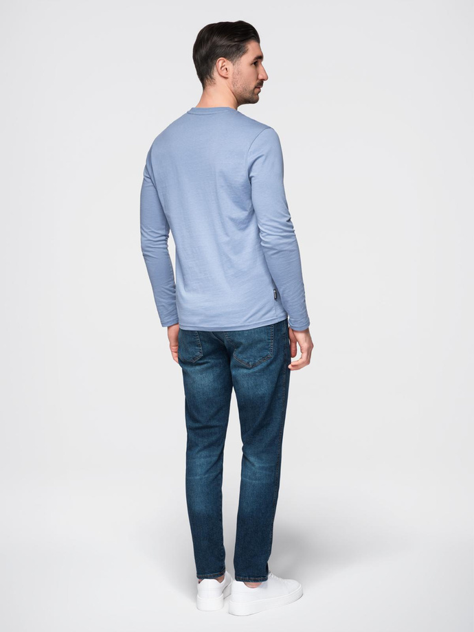 Męski longsleeve bez nadruku z dekoltem w serek - niebieski denim V9 OM-LSBL-0108