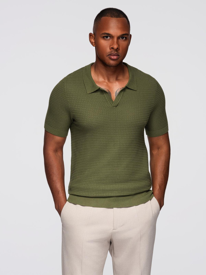 Men's knitted unbuttoned polo shirt - olive V1 OM-POSS-0157