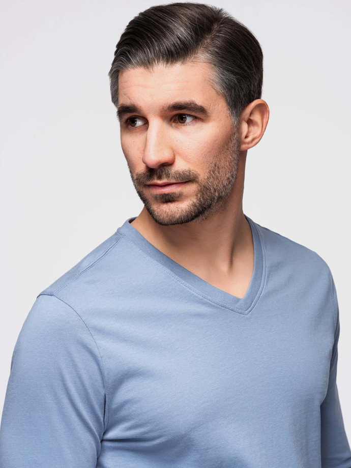 Męski longsleeve bez nadruku z dekoltem w serek - niebieski denim V9 OM-LSBL-0108