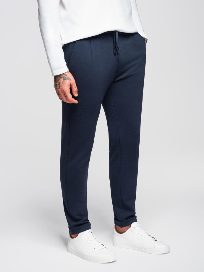Men's pique knit pants with adjustable waistband - navy blue V1 OM-PACP-0283