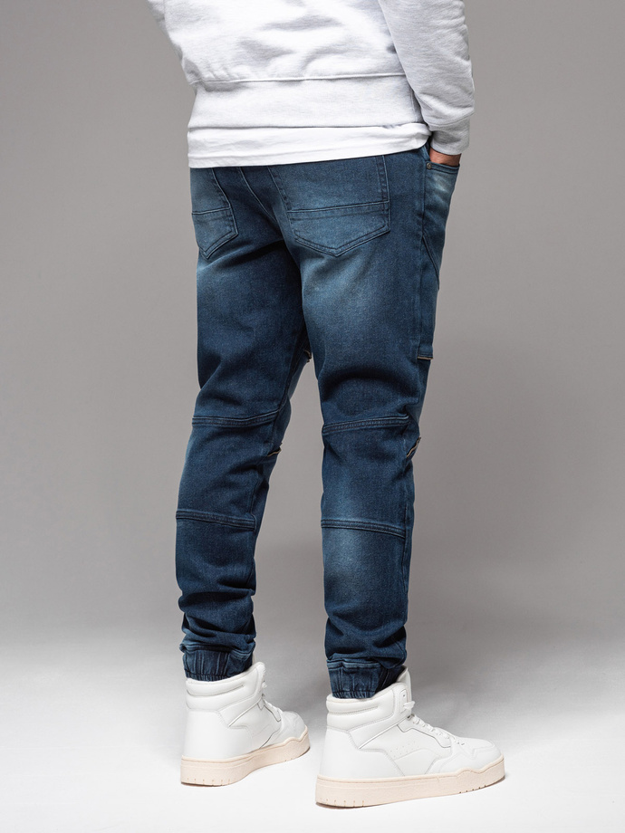 Men's denim jogger pants with rips and zippers - dark blue V1 OM-PADJ-0243