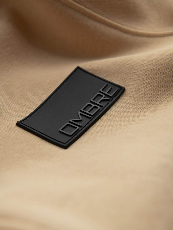 Męska rozpinana dresowa bluza z kapturem i patchem – piaskowa V2 OM-SSZP-0140