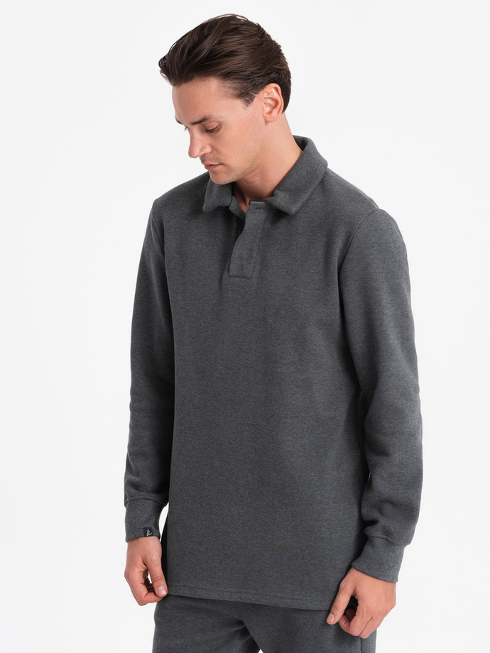 Komplet męski dresowy bluza z kołnierzem polo + spodnie - grafitowy melanż V1 Z71