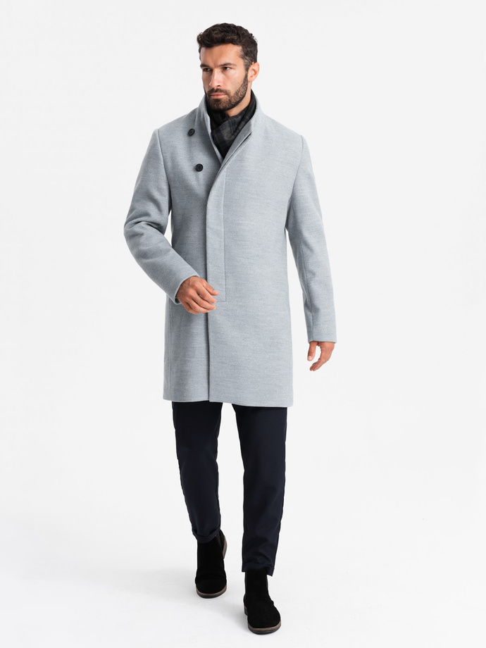 Men's coat with high collar and asymmetrical fastening - grey melange V1 OM-COWC-0120