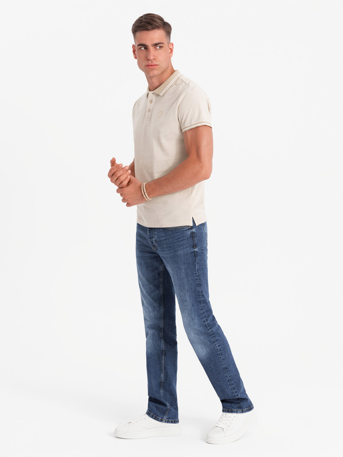 Melanżowa koszulka męska polo z kołnierzykiem w paski – piaskowa V4 OM-POSS-0109