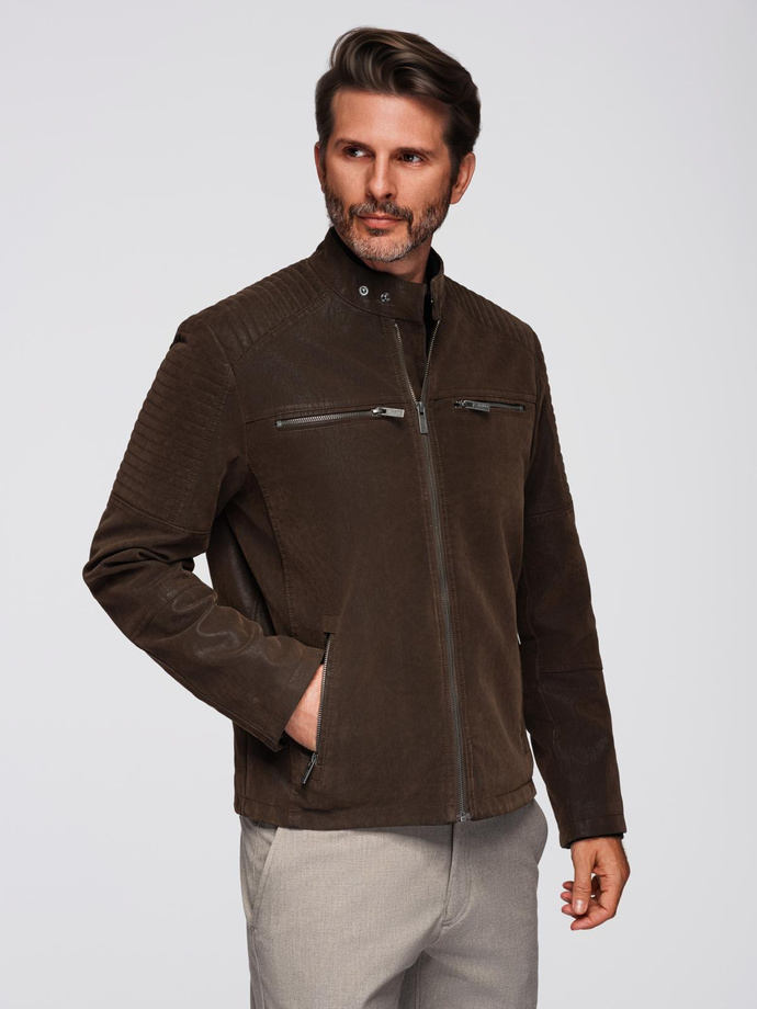 Męska kurtka biker w stylu retro ze stójką – brązowa V1 OM-JAFL-0197