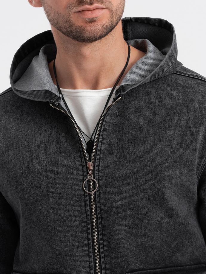 Kurtka jeansowa męska katana z kapturem i kieszeniami cargo – czarna V4 C558