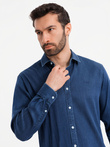 Men's denim shirt with lyocell and embroidery on chest - dark blue V1 OM-SHDS-0180