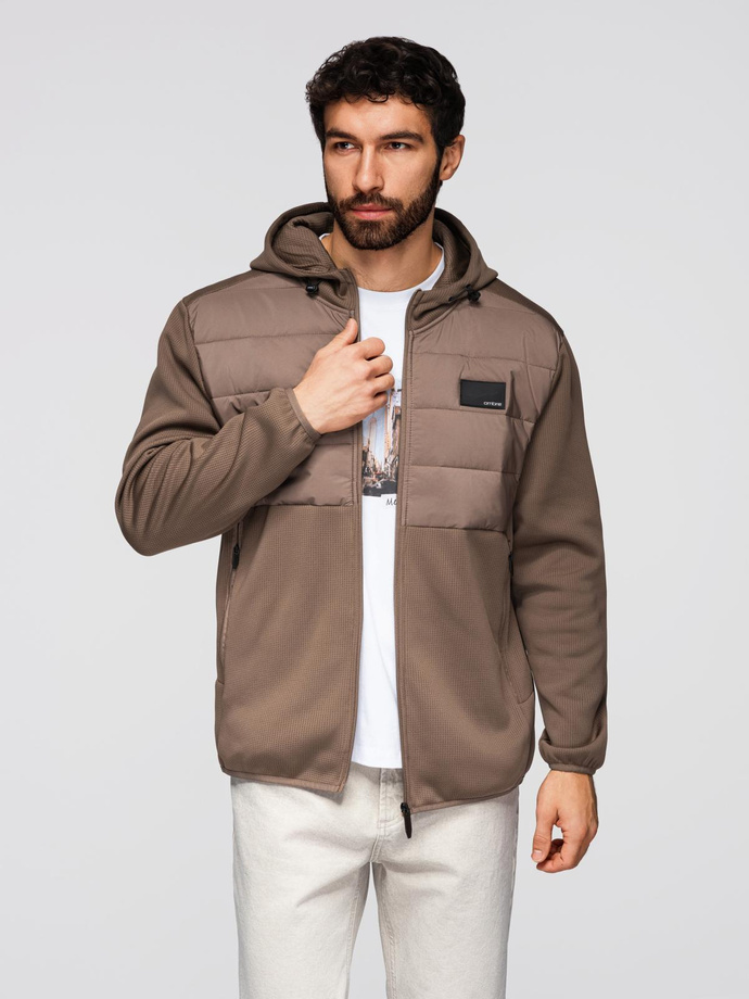 Lekka męska kurtka z łączonych materiałów z kapturem i ozdobnym pikowaniem – jasnobrązowa V2 OM-JANP-0160