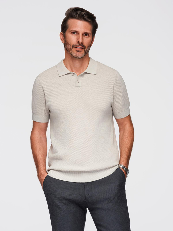Men's cotton structured knit polo shirt - beige V6 OM-POSS-0117