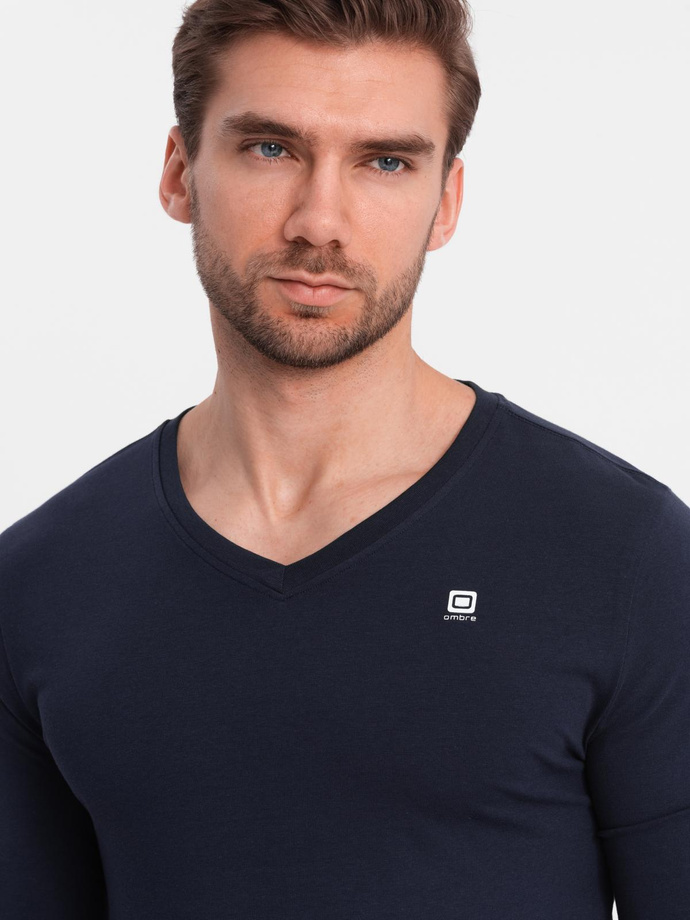 Set of men's SLIM FIT longsleeves with V neckline and logo 2-pack - mix white/blue V1 Z103