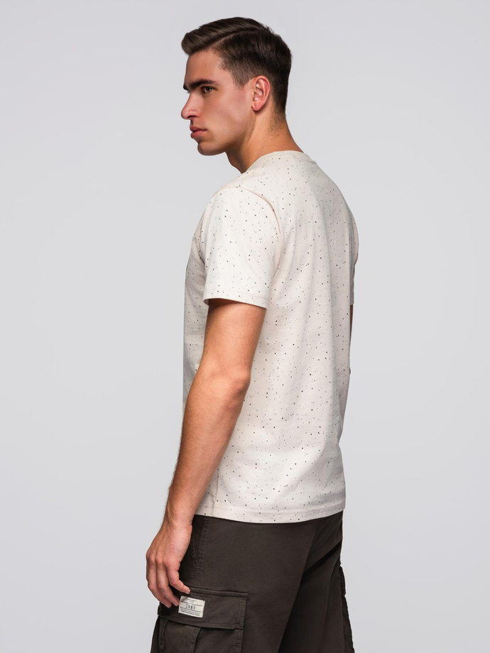 Męski bawełniany t-shirt z nadrukiem i okrągłym dekoltem – beżowy V2 OM-TSFP-0186