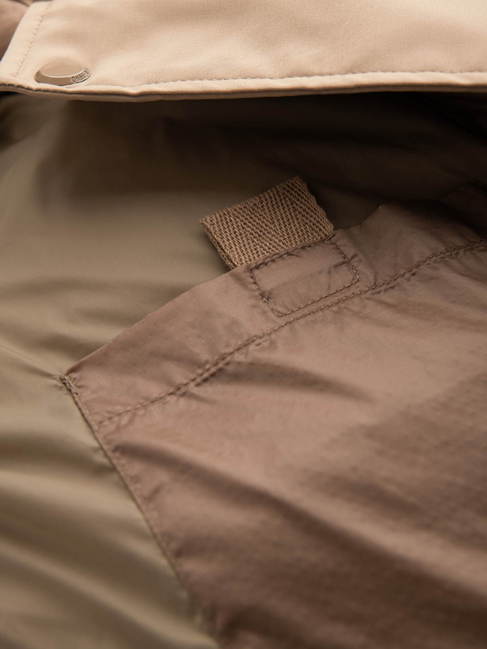 Men's long quilted jacket with large pockets - beige V2 OM-JALJ-0165