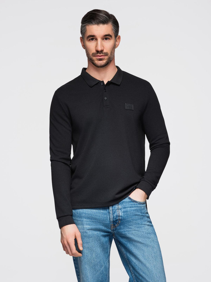 Structured men's polo longsleeve with patch - black V1 OM-POLS-0131