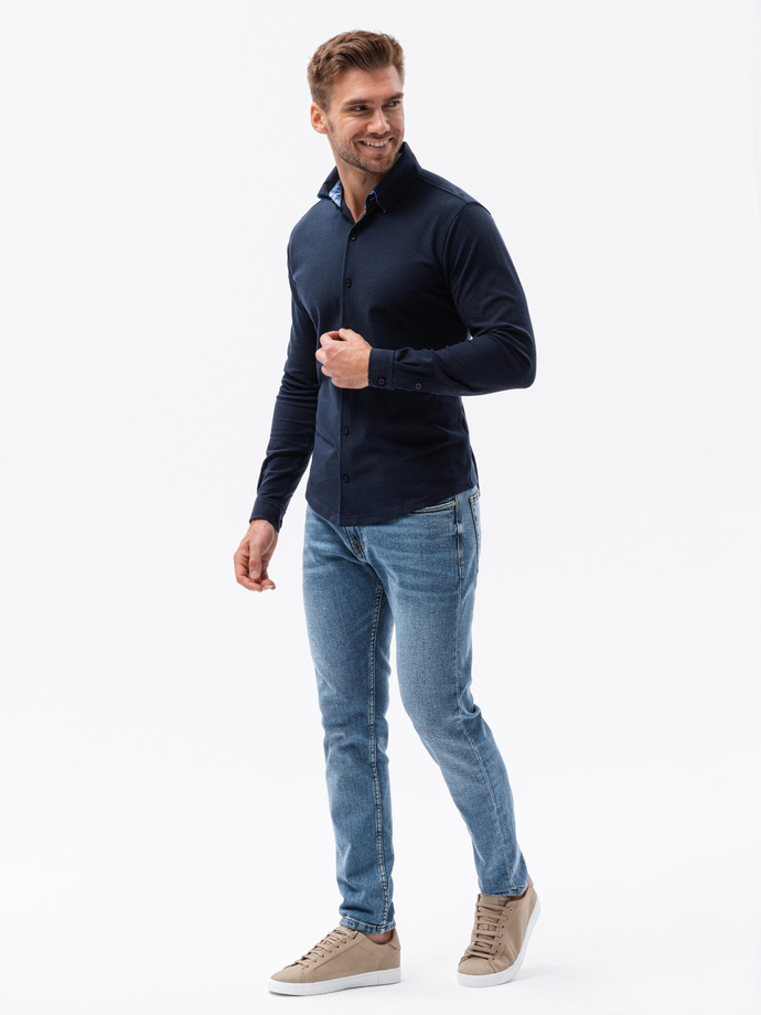 Dzianinowa męska koszula SLIM FIT z długim rękawem – granatowa V2 OM-SHCS-0177