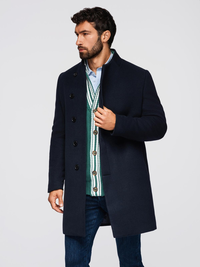 Men's coat with asymmetrical fastening and high collar - navy blue V3 OM-COWC-0141