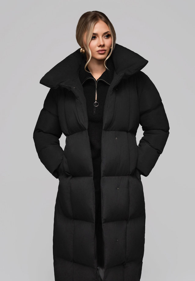 Women's quilted long jacket with belt OW-JALJ-0104 v1 - black