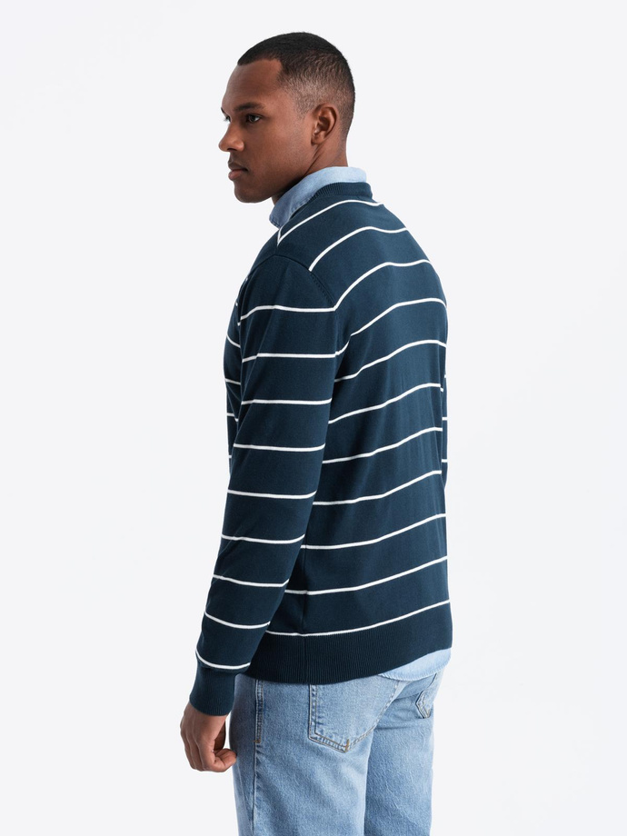 Casual men's sweater with horizontal stripes - navy blue V1 OM-SWSW-0143