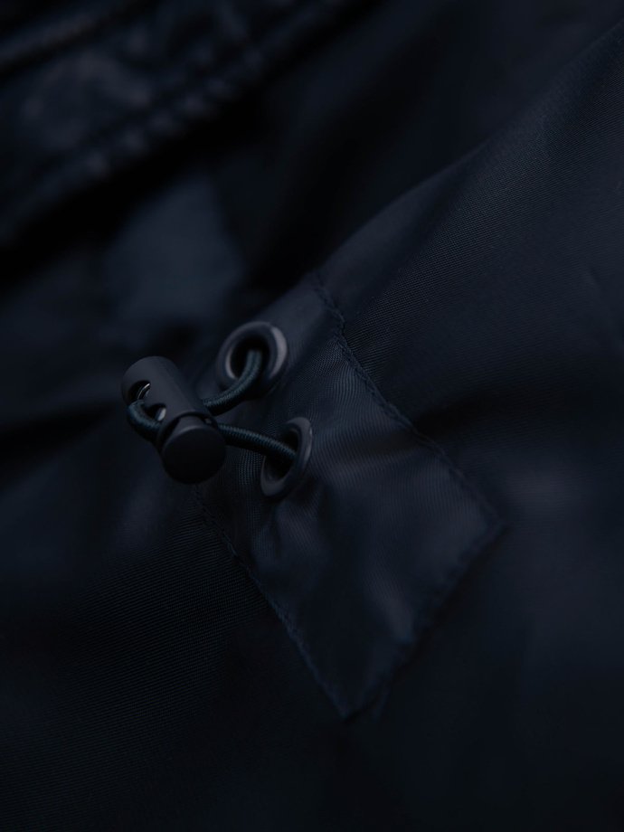 Men's quilted jacket with combined materials and hood - navy blue V3 OM-JALJ-0266