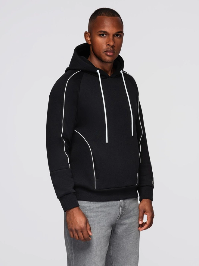 Men's sweatshirt with contrast stitching and hood - black V1 OM-SSNZ-0250