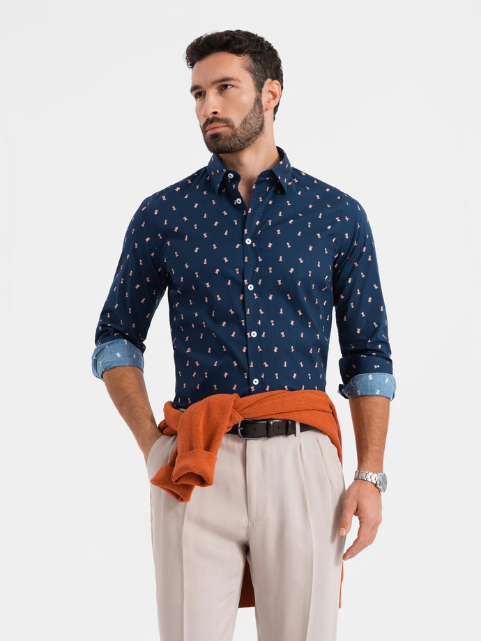 Bawełniana koszula męska we wzory SLIM FIT - atramentowa V3 OM-SHCS-0151