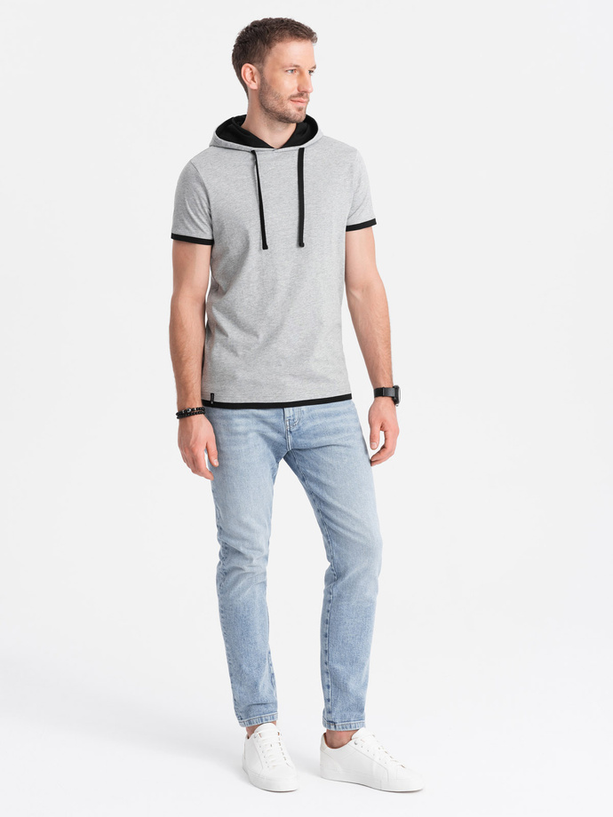 Casualowy męski bawełniany t-shirt z kapturem – szary melanż V8 OM-TSCT-22SS-001