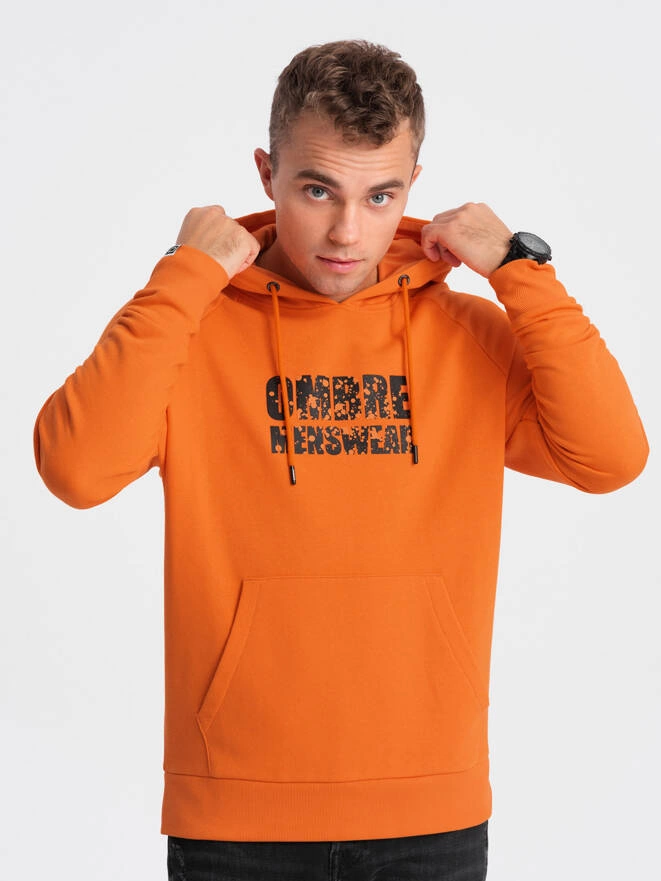 Men's kangaroo sweatshirt with hood and print - orange V1 OM-SSPS-0155