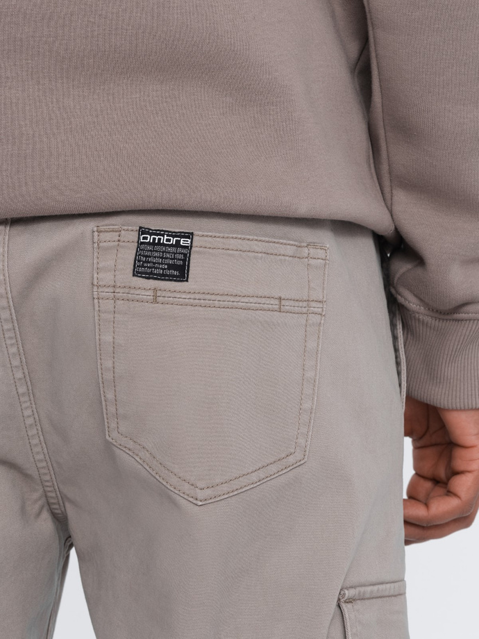 Men's JOGGER pants with zippered cargo pockets - dark beige V2 OM-PAJO-0125