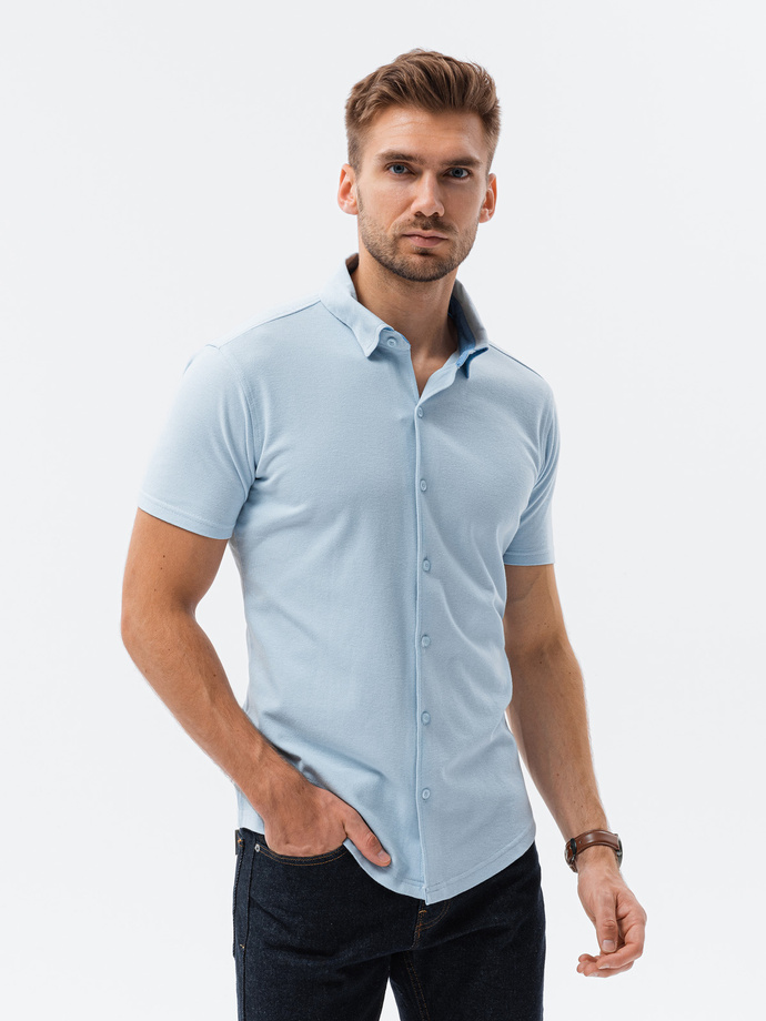Men's knitted slim fit shirt with short sleeves and collar - blue V3 OM-SHSS-0100