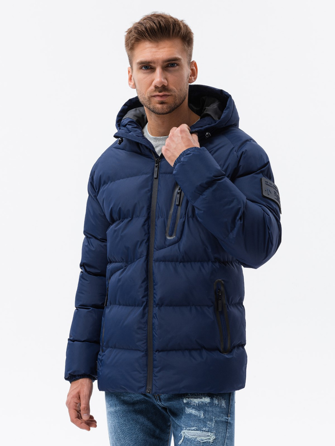 Men's insulated jacket with hood - dark blue V3 OM-JAHP-0122