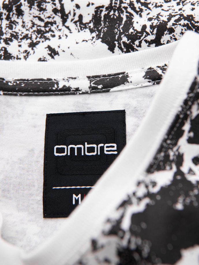 Men's patterned cotton short sleeve T-shirt - white and black V2 OM-TSFP-0223