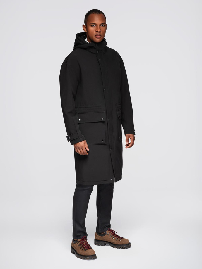 Men's faux leather jacket with ribbed bottom hem - black V2 OM-JAFL-0109