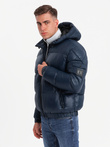 Warm men's puffer jacket with welts - navy blue V2 OM-JAHP-0207