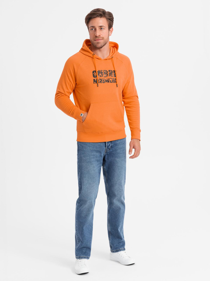 Men's kangaroo sweatshirt with hood and print - orange V1 OM-SSPS-0155