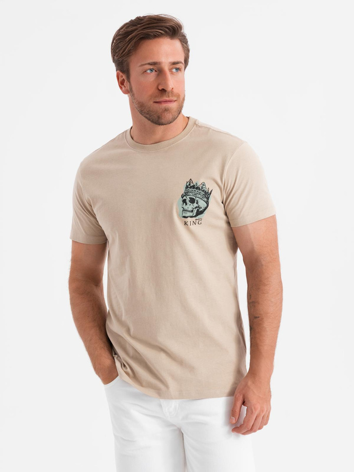 T-shirt męski bawełniany z nadrukiem na klatce piersiowej - beżowy V1 OM-TSPT-0167