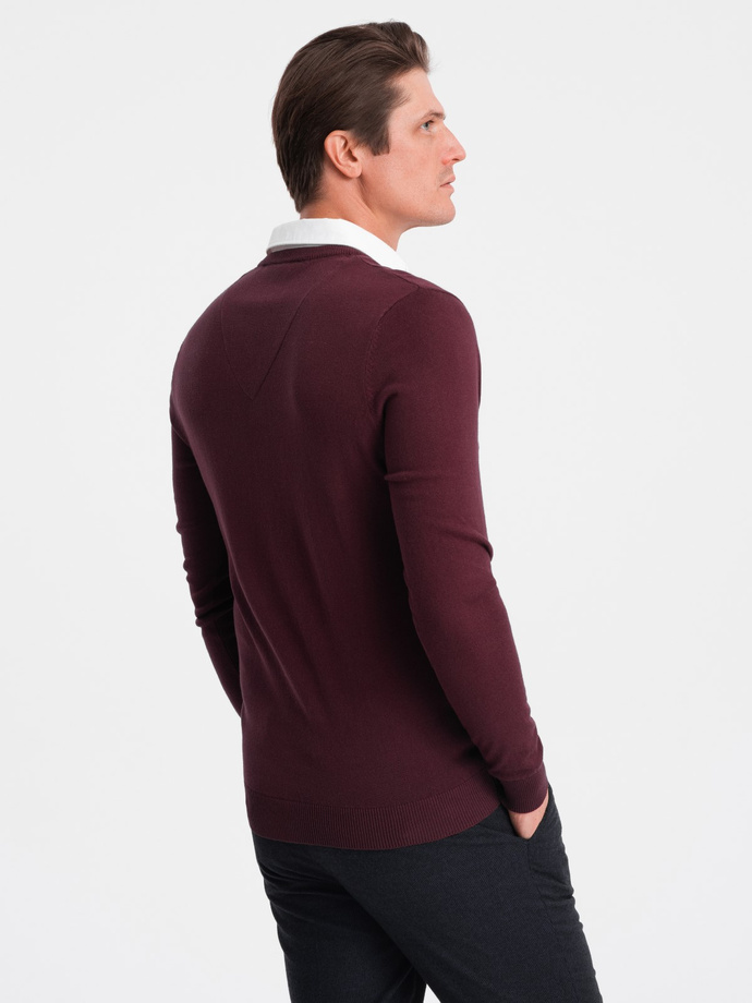 Men's sweater with a "v-neck" neckline with a shirt collar - maroon V8 OM-SWSW-0102