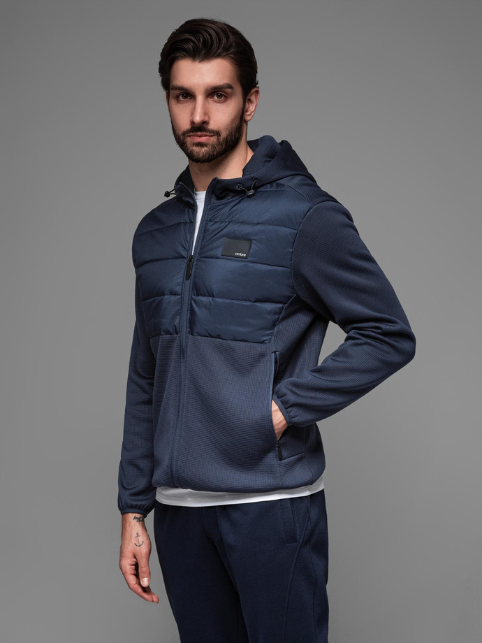 Men's lightweight jacket of combined materials with hood and decorative quilting - navy blue V4 OM-JANP-0160