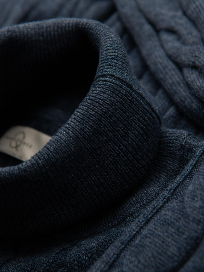Men's turtleneck sweater with checkered weave - navy blue V3 OM-SWTN-0157
