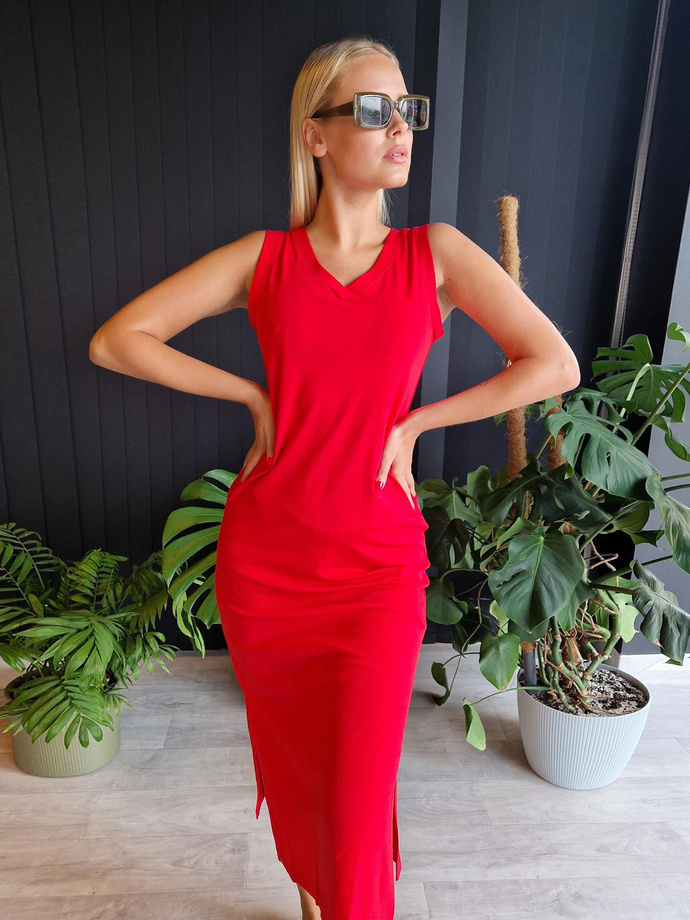 DLR108 midi v-neck dress with slits - red