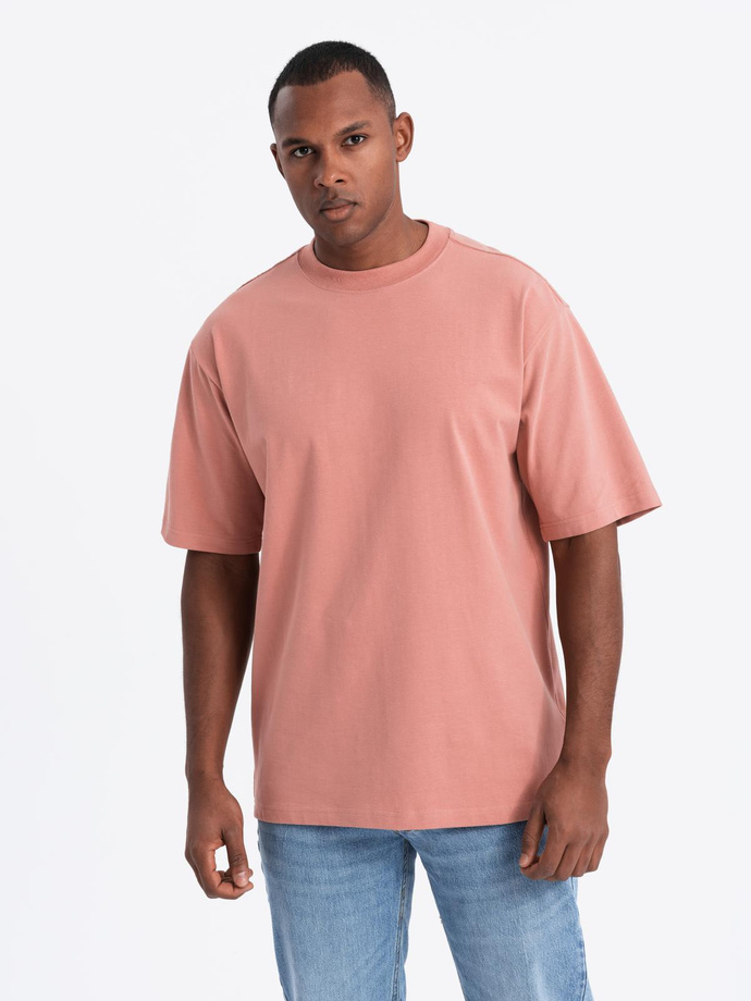 Men's cotton LOOSE FIT t-shirt with round neckline - pink V5 OM-TSBC-0234 