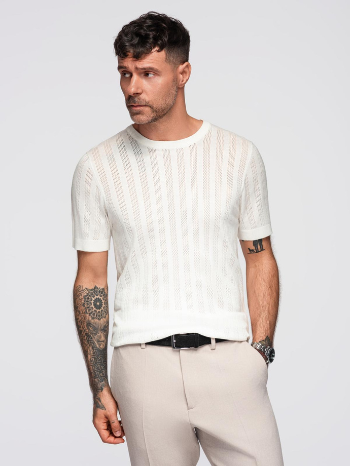 Men's openwork sweater with round neckline and short sleeves - white V1 OM-TSCT-0251