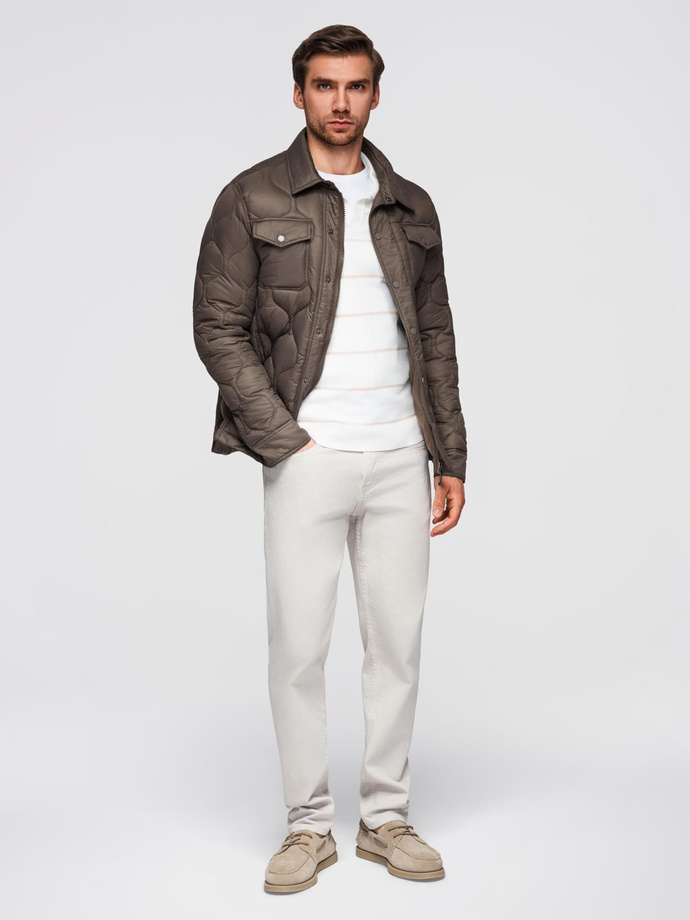 Men's quilted jacket in shirt cut - khaki V3 OM-JALP-0215