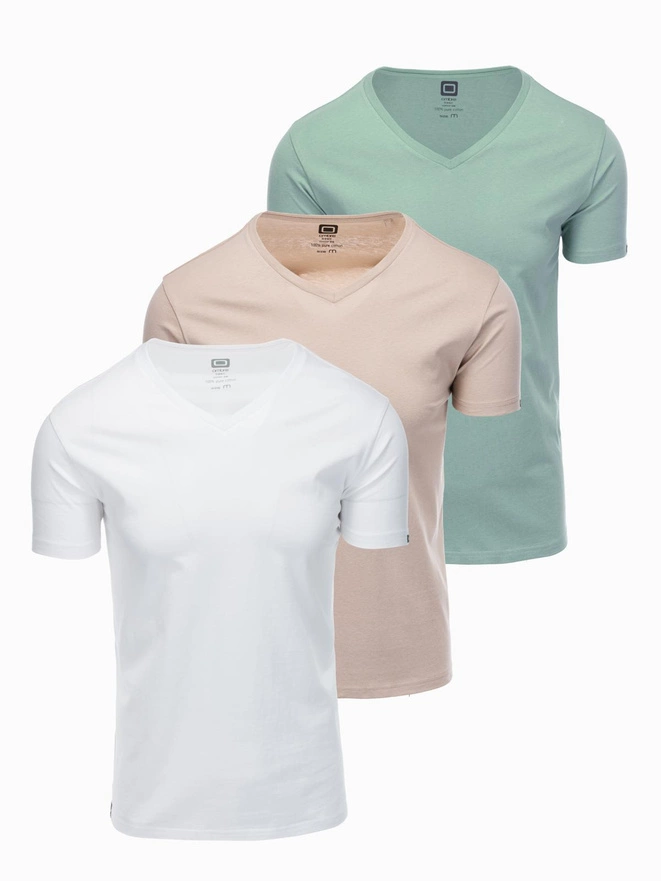 Zestaw bawełnianych koszulek męskich V-neck BASIC – szarozielony/biały/beżowy V14 OM-TSBS-0233