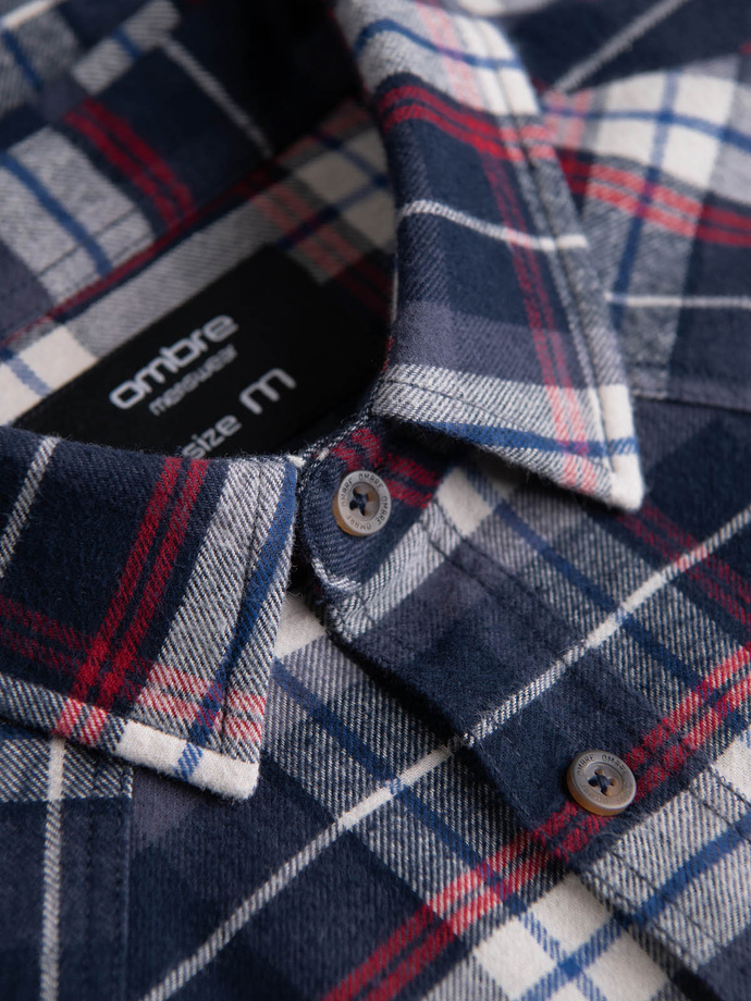 Men's checkered flannel shirt with pockets - navy blue and red V2 OM-SHCS-0149