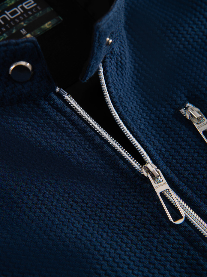 Strukturalna kurtka biker męska ze stójką  – ciemnoniebieska V1 OM-JANP-0229