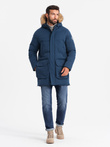 Men's long parka jacket with flared bottom - navy blue V5 OM-JALJ-0184