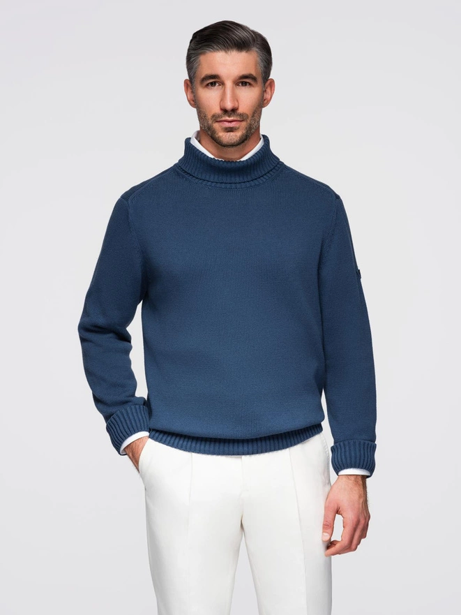 Men's turtleneck knit sweater - dark blue V2 OM-SWTN-0163